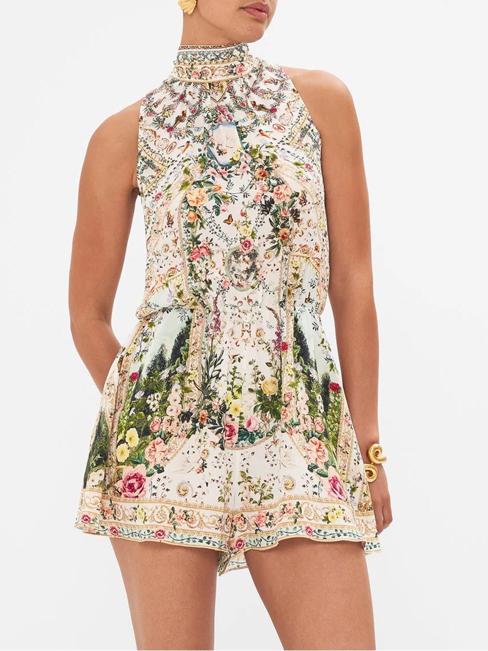 Camilla Neck Tie Silk Playsuit Renaissance Romance Sleeveless Romper Size Small